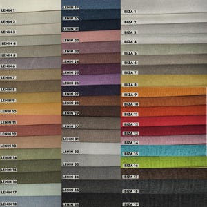 May include: A fabric swatch sample board featuring two columns of textile strips labeled LENIN 1 through 36 and one column labeled IBIZA 1 through 19. The samples display a wide variety of solid colors including neutrals, pastels, and vibrant tones.