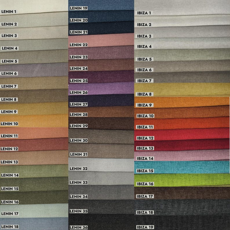 May include: A fabric swatch sample board featuring two columns of textile strips labeled LENIN 1 through 36 and one column labeled IBIZA 1 through 19. The samples display a wide variety of solid colors including neutrals, pastels, and vibrant tones.