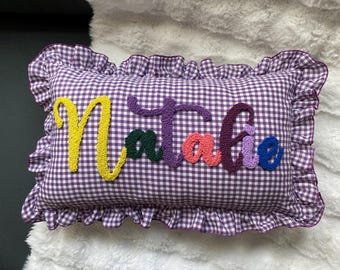 Custom Multicolor Name Pillow, Ruffle Gingham Cushion, Punch Needle Personalized Kids Decor, Handmade Baby Gift, Nursery Cushion 12x20in