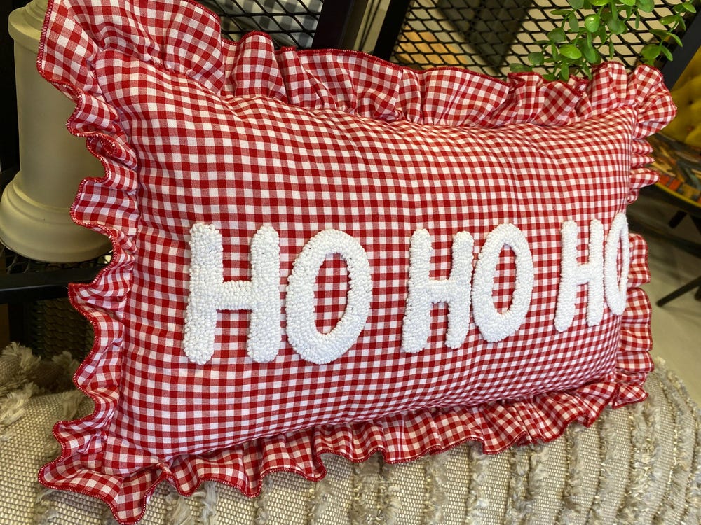 Ho Ho Ho Red Gingham Christmas Pillow, Holiday Punch Needle Cushion, Farmhouse Xmas Throw Pillow For Seasonal Home Decor Trendy Fashion
