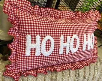 Ho Ho Ho Red Gingham Christmas Pillow, Holiday Punch Needle Cushion, Farmhouse Xmas Throw Pillow for Seasonal Home Decor