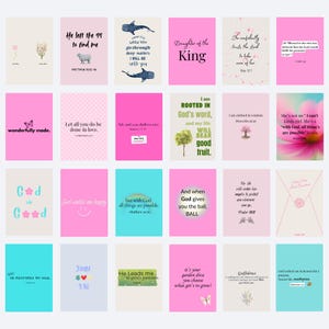 Könnte beinhalten: Eine Sammlung von rosa und türkisfarbenen rechteckigen Karten mit inspirierenden Zitaten und Illustrationen. Die Karten zeigen Sätze wie "Tochter des Königs" und "Er stellt meine Seele wieder her".