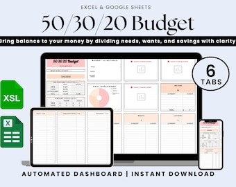50/30/20 Budget Tabelle: Monatlicher Geldplaner (Digitaler Download)