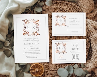 May include: A set of wedding stationery featuring a floral wreath design with the initials "RS". The invitation, RSVP, and details cards are on white paper with elegant typography. The color palette includes brown, beige, and touches of orange.