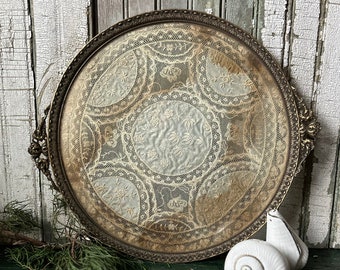 Victorian Brass Perfume Tray, with Lace, Vintage