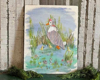 Vintage Jemima Puddleduck Embroidery on Painted Background, Found in England