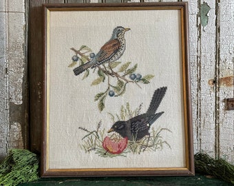 Framed Embroidery, English Black Birds, Cross Stitch, Found in England, Vintage