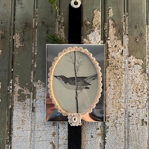May include: An oval-shaped framed print of a bird perched on a branch, with a cream-colored crocheted lace border. The frame hangs from a black velvet ribbon, adorned with a crocheted rosette and a silver-colored ring. The background is a weathered, distressed wooden wall.