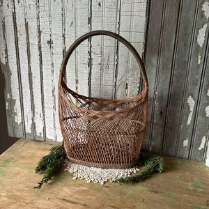 Vintage Slim Reed Woven Basket with Tall Handle