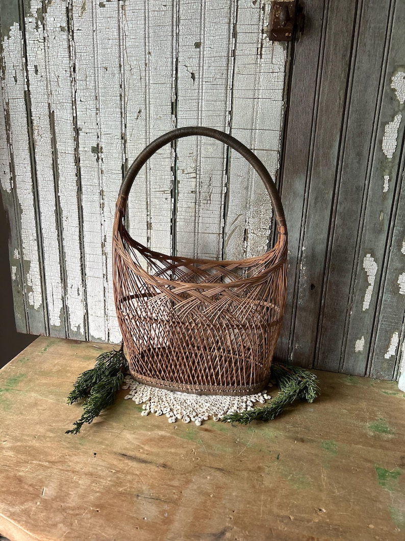 Vintage Slim Reed Woven Basket with Tall Handle