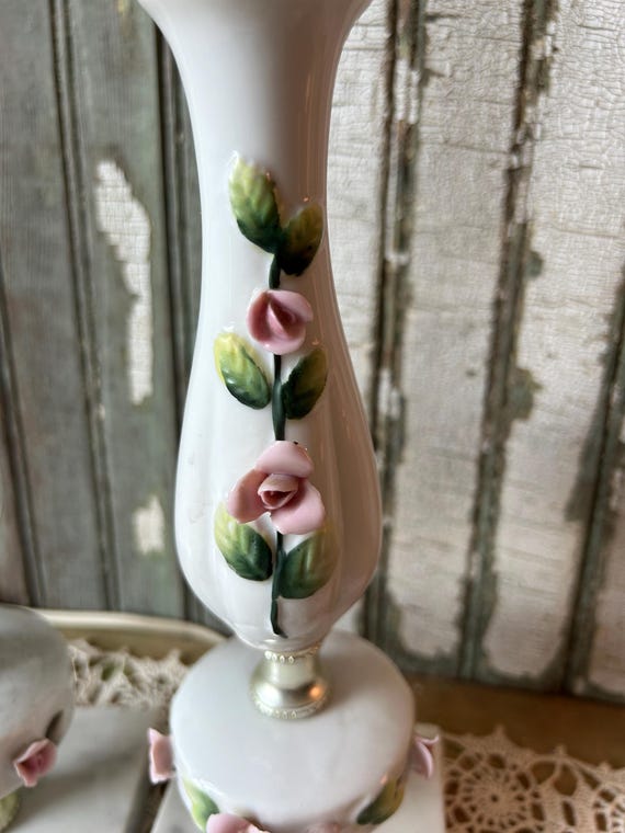 Vintage Pair of Capodimonte Style Lamps, Rose Buds, Ceramic