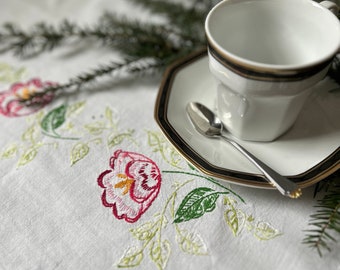 Floral Embroidered Table Runner Edged with Lace