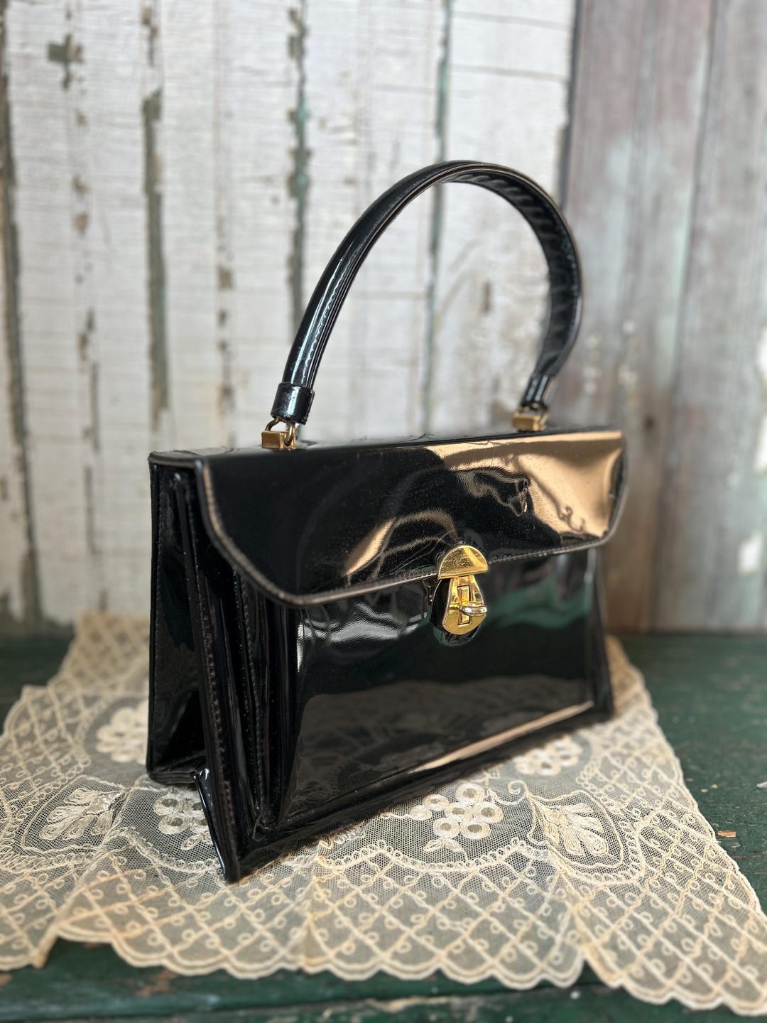 Faux Patent Leather Top Handle Bag, Vintage, 1960's