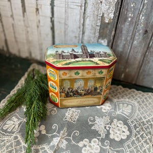 Vintage kanadische historische Szenen Dose, schottische Biscuit Box, Grey Dunn
