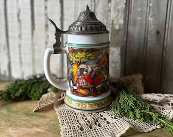 Vintage BMG Milk Glass Beer Stein, Colorful Jolly Scene, West Germany