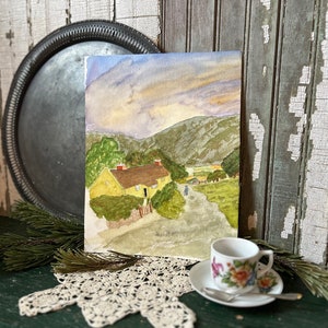 Welsh cottage, English cottage, original artwork, watercolor, mountain, old man with cane, amateur artist, artwork to frame