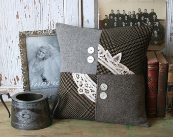 Rustic Farmhouse Recycled Wool Tweed PILLOW, Eco-Friendly, Handmade, Vintage Lace