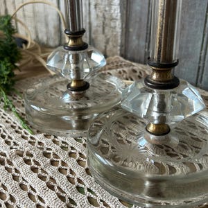 Vintage Clear Glass Floral Etched Lamps with Brass, Pair, Original Wiring and Plugs