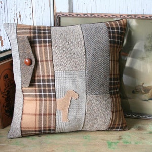 Airedale Terrier Wool Tweed Pillow, Plaid, Tartan, Recycled, Handmade, Eco-Friendly image 1