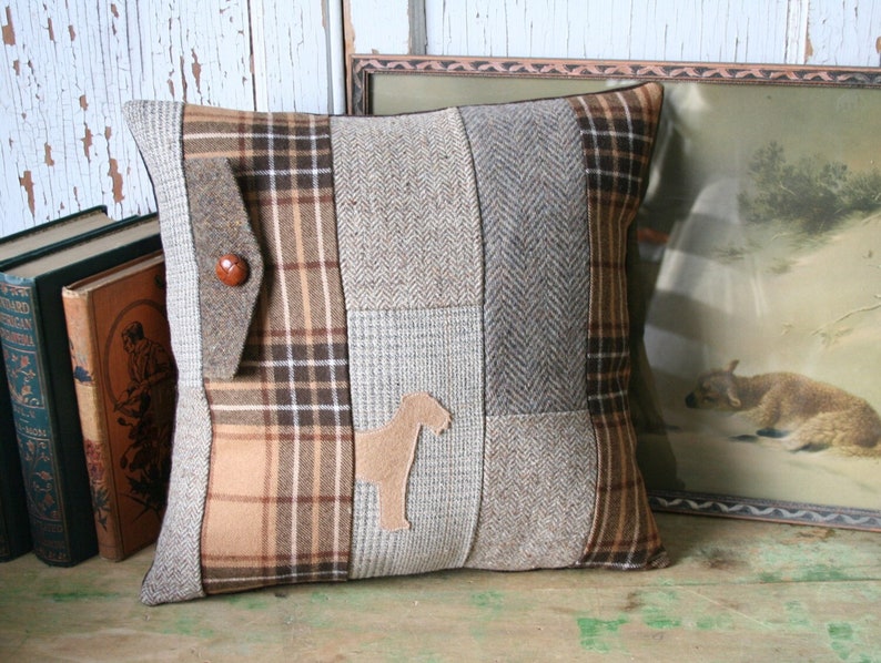 Airedale Terrier Wool Tweed Pillow, Plaid, Tartan, Recycled, Handmade, Eco-Friendly image 1