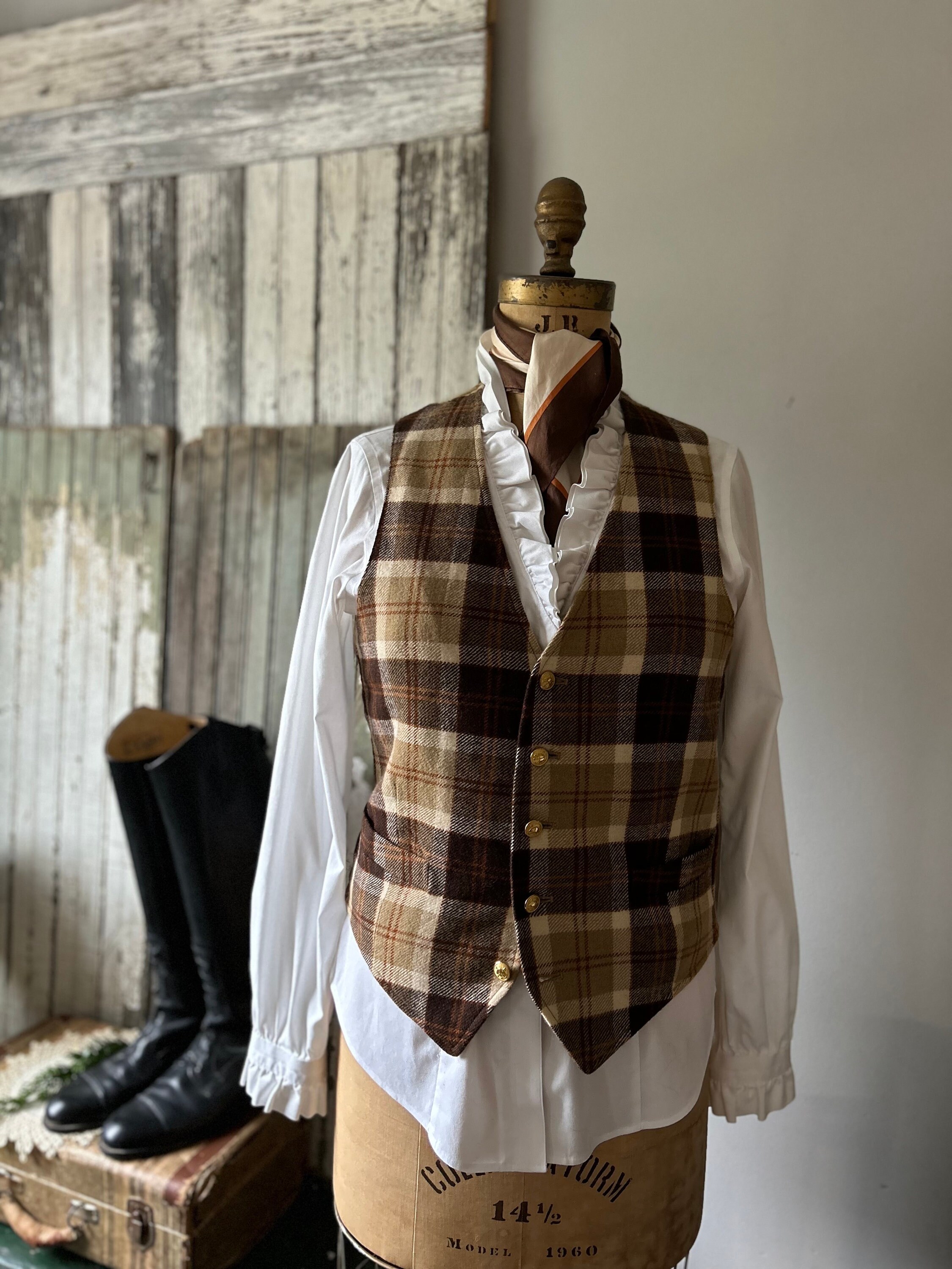 Plaid Wool Vest, Gold Buttons, Ladies M, Men