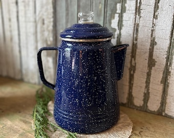 Vintage Coleman Enameled Steel Percolator, Speckled White With