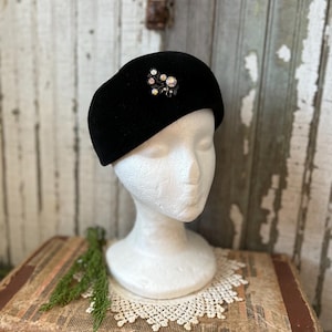 Vintage Rounded Black Velvet Pillbox Style Hat w Rhinestones