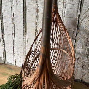 May include: A close-up of a brown wicker basket with a tall handle. The basket has a woven diamond pattern and a rounded shape. A sprig of green foliage is visible on the left side of the image.