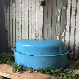May include: A light blue enamel roasting pan with a matching lid. The word "SAVORY" is embossed on the side. The pan has two handles and a handle on the lid. The pan is sitting on a wooden surface with greenery.