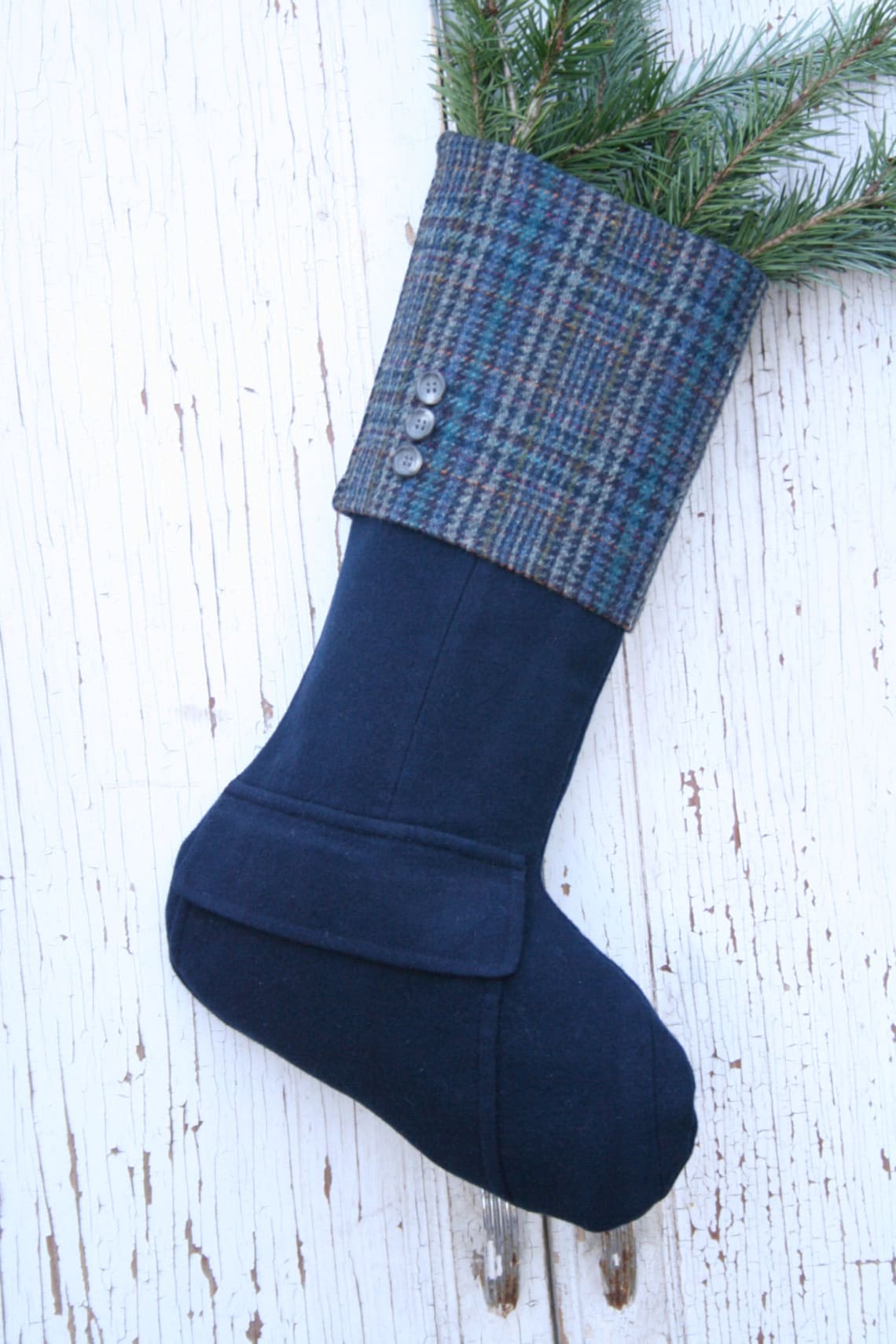 Christmas STOCKING Recycled Wool Pocket Navy Blue Etsy