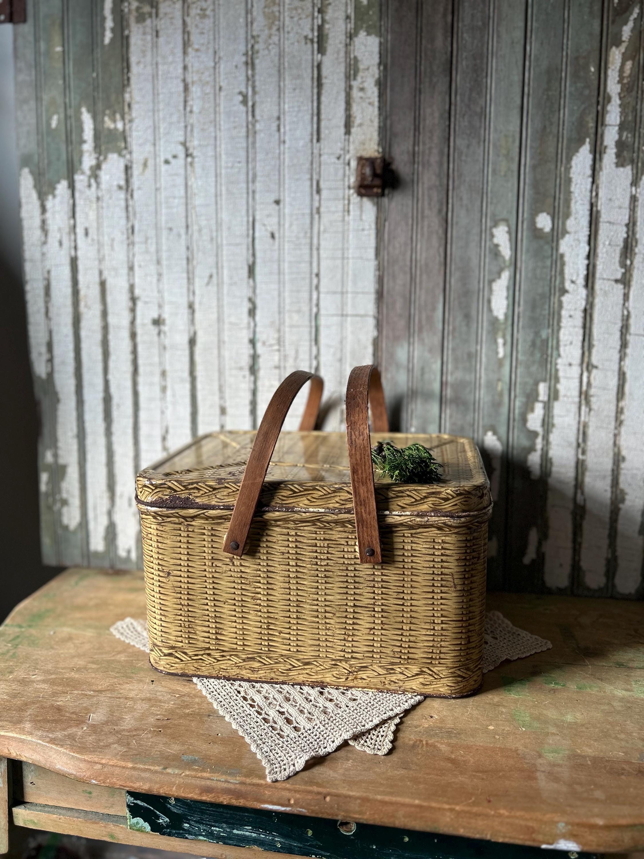 Vintage Rustic Tin Picnic Basket, Wooden Handles, Hinged Lid - Etsy