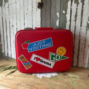 Vintage Child&#39;s Suitcase, Overnight Case, I Love Grama, Red, Travel Stickers, 1970&#39;s