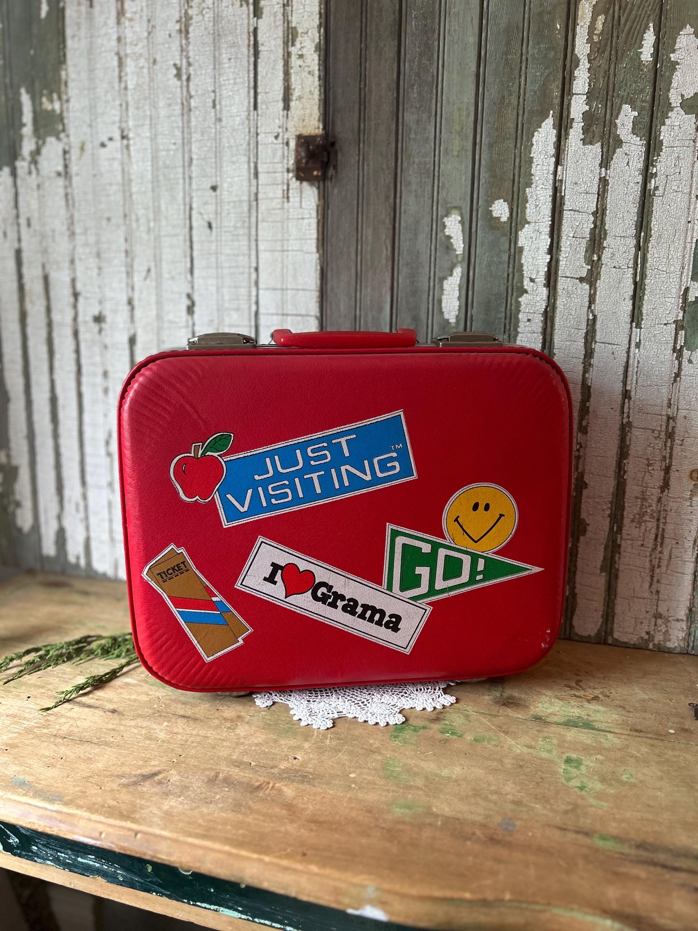 Vintage Red Child's Suitcase: 1970s Travel Stickers, 'I Love Grama