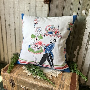 Art Deco Style Pillow, The Maid and the Butler, 1930's Tea Towel Creation