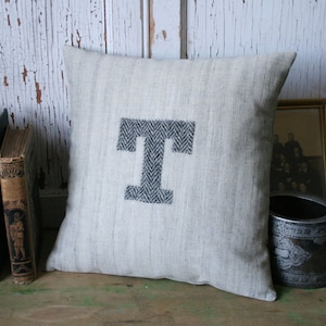 Monogram T PILLOW,  Flax Cotton, Wool Tweed, Herringbone, Recycled, Eco Friendly Décor