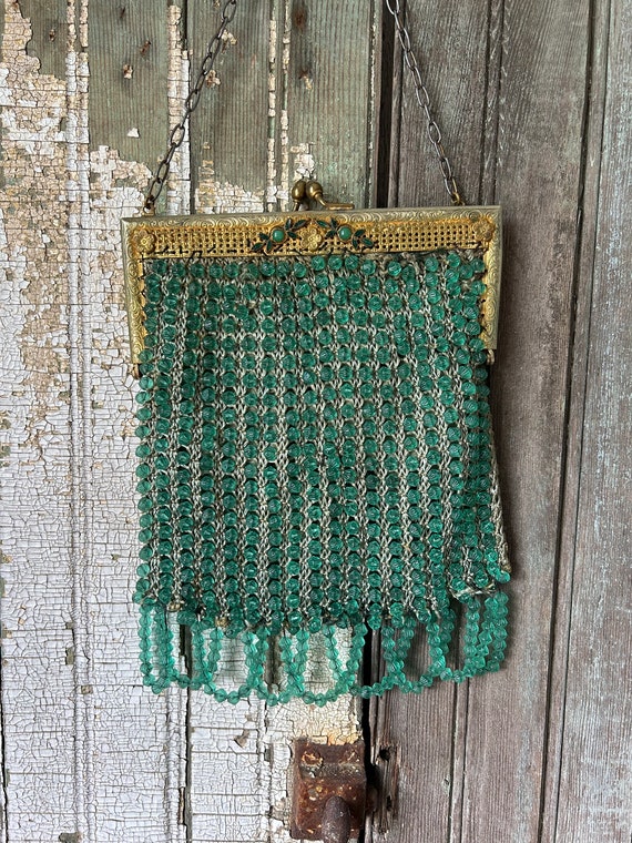 Art Deco Era Green Beaded Handbag, Silk Lined