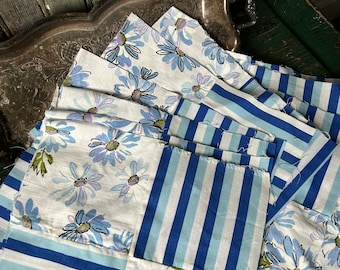 Blue, White Patchwork Squares, Floral, Stripes, Vintage, 1970's