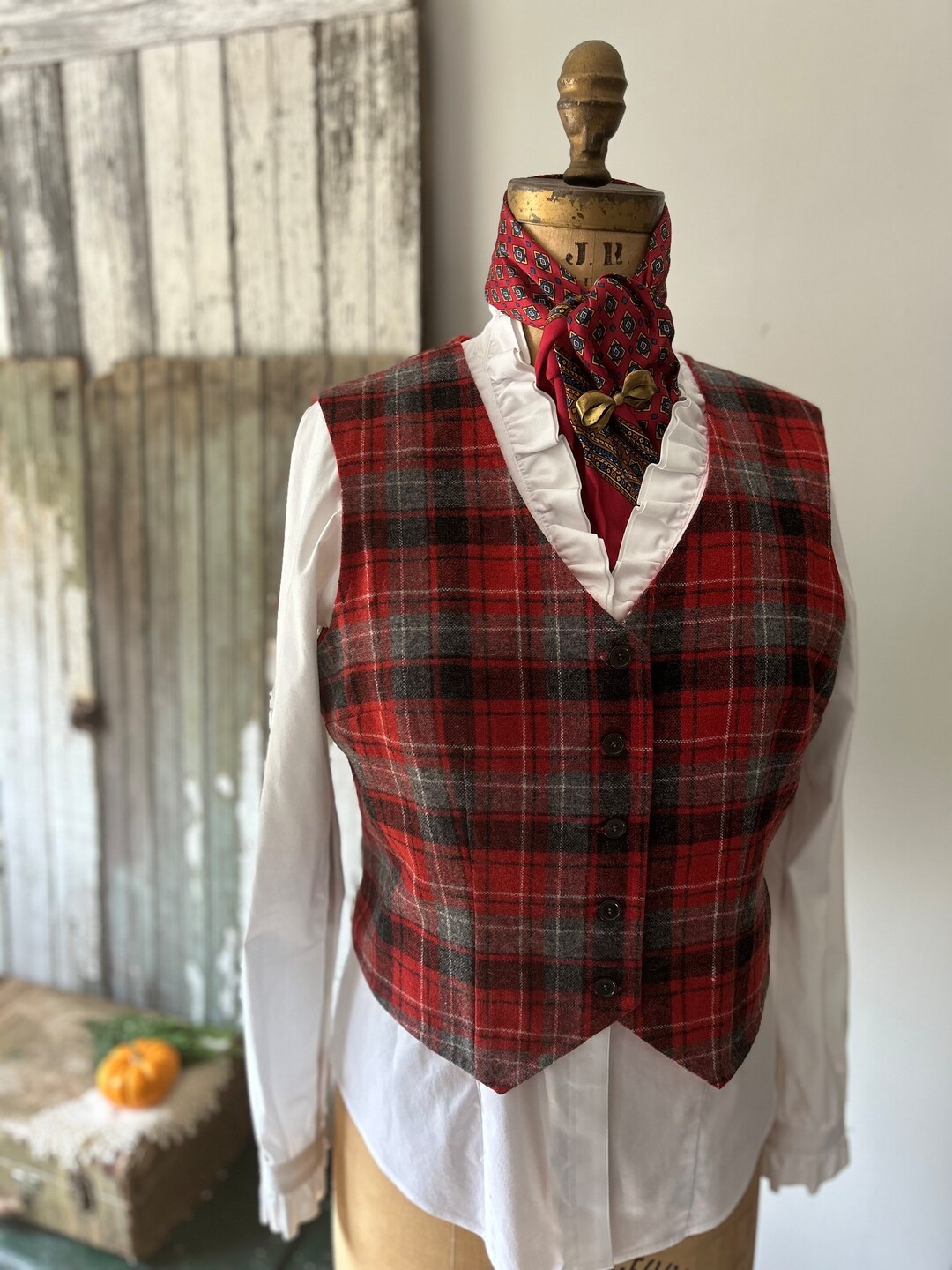 Vintage Navy Blue and Green Plaid Wool Vest main image 1