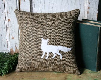 White Fox Herringbone Jute Burlap PILLOW, Silhouette, Handmade