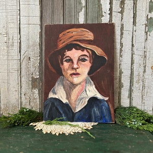 Vintage Portrait, Girl in Hat, Painting, 1960&#39;s