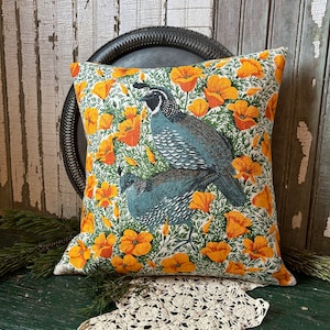 Yellow Poppies, Quail Linen Pillows, Upcycled Materials, Spring Summer Decor