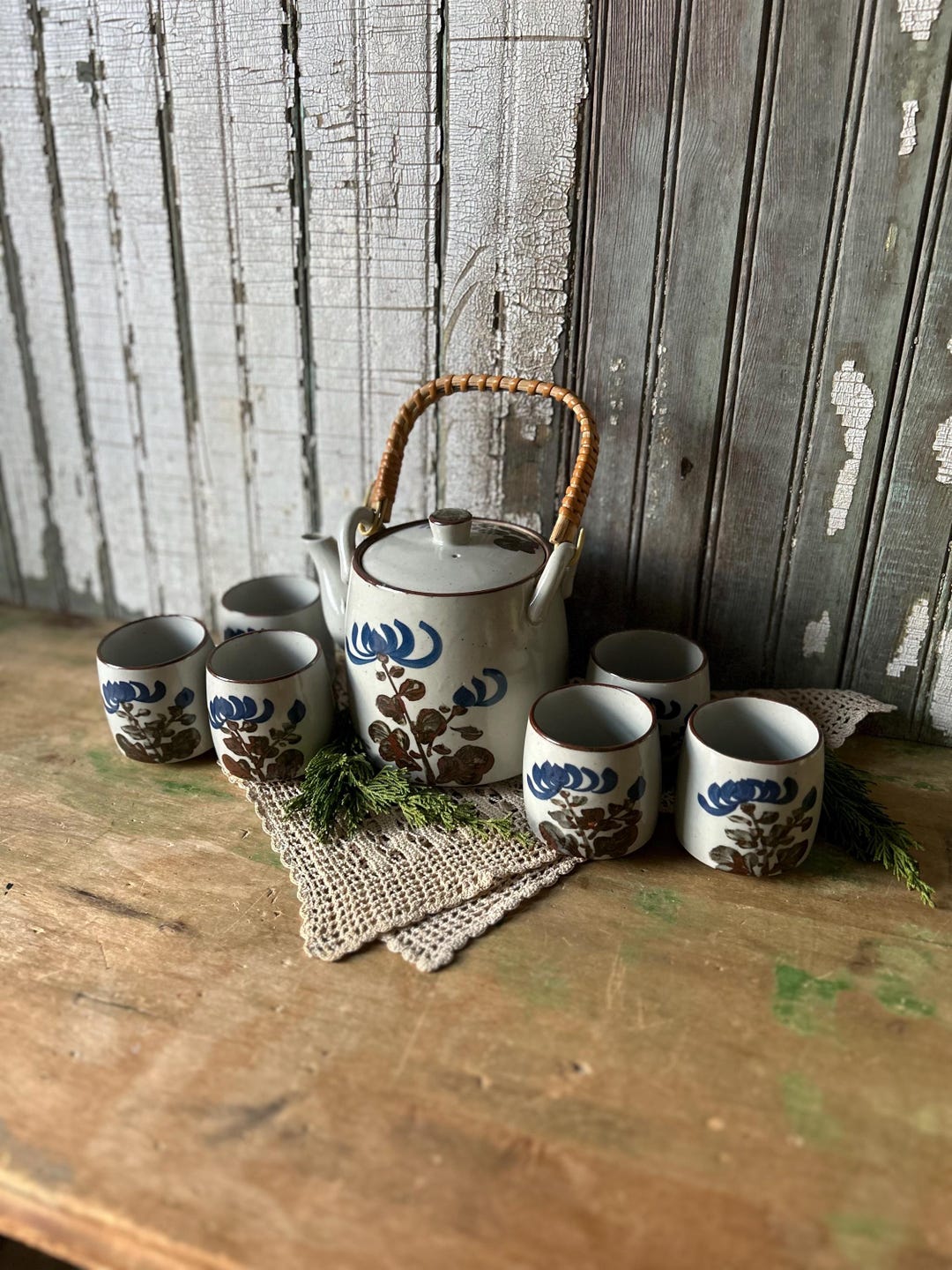 Vintage Japanese Asahi Teapot, Cups Set, 7 Pieces, Pottery With Cobalt ...