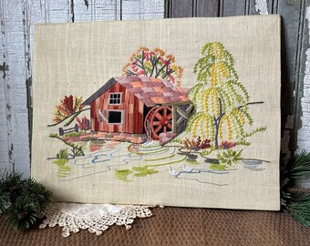 Hand Embroidery, Mill and Water Wheel, Vintage, Pastel Colors