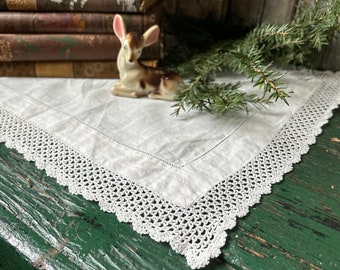 Vintage Rectangular Handmade Linen Doily, White