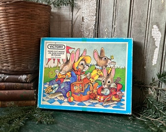 Victory Child's Wooden Puzzle, Bunny Family Picnic, England Made, Vintage