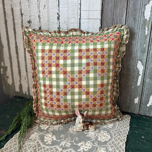 Vintage Ruffled, Embroidered Pillow Cover, Green Gingham Cotton