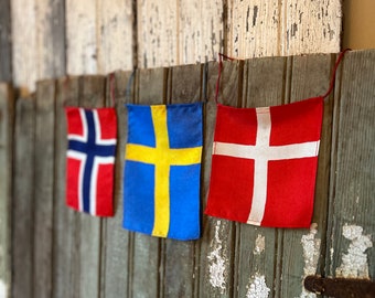 Vintage Silk Scandinavian Flags, Denmark, Sweden, Norway