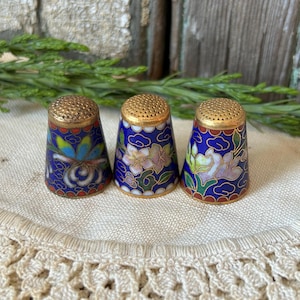 Vintage Thimbles Trio, Cloisonne, Cobalt Blue, Enamel, Gold, Asian Style