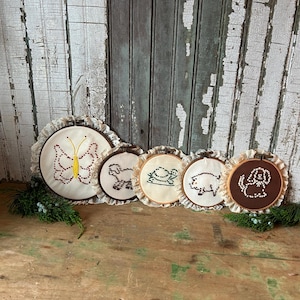 Vintage 1980's French Knot Embroidery Hoop Art, You Choose, Butterfly, Lamb, Turtle, Pig, Dog