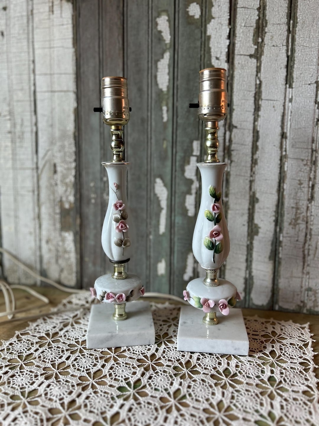 Vintage Pair of Capodimonte Style Lamps, Rose Buds, Ceramic
